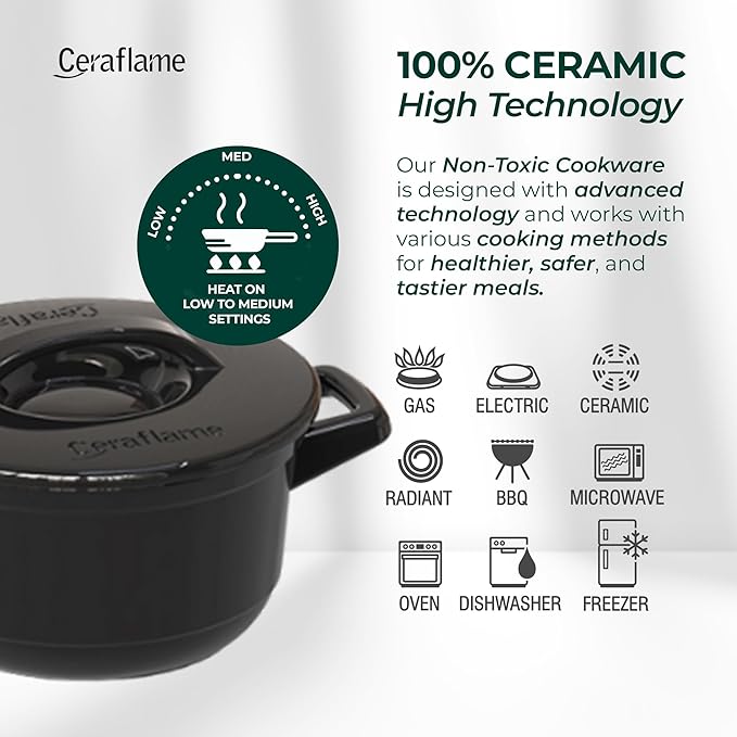 Pure Ceramic Healthy Non Toxic Cookware Set - Oven Safe Up to 1200F Microwave and Dishwasher Safe Longlasting and Lightweight - PFAS PTFE PFOA PFOS - Black