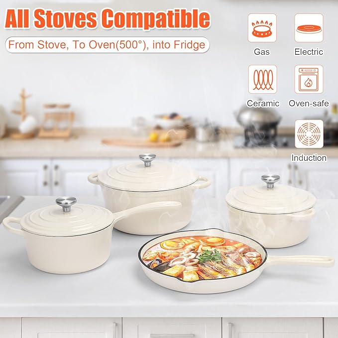 QuliMetal Nonstick Enameled Cast Iron Cookware Set 7-Pcs Pots and Pans with Lid Frying Pan Skillet Sauce Pan Healthy Round Dutch Oven Pot for Sourdough Bread Baking on All Stovetop Cream White