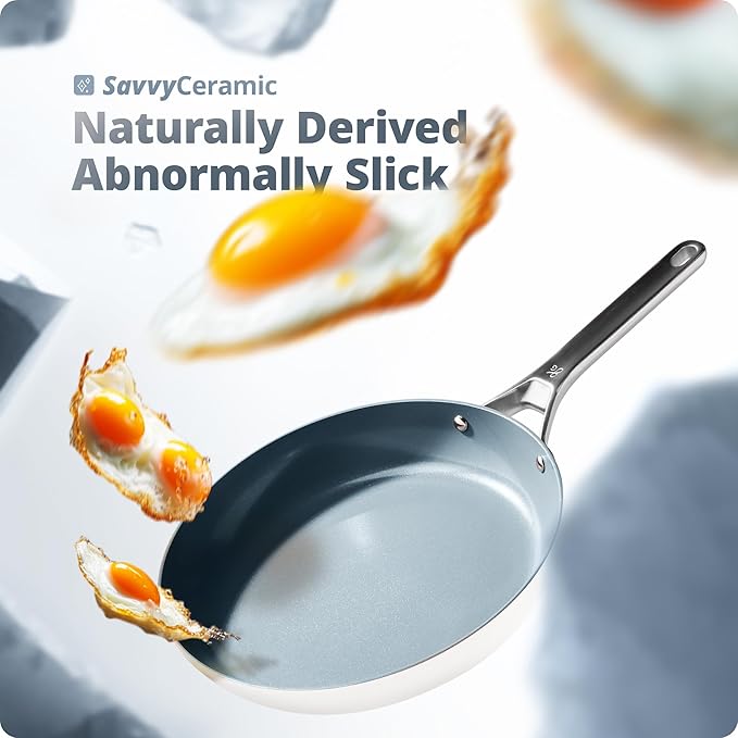 Greater Goods Savvy Ceramic Nonstick Cookware Set (10pc) and Chef Knife (Stainless Steel) Birch White Bundle
