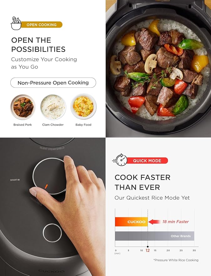 CUCKOO Twin Pressure Rice Cooker 6-Cup Uncooked / 12-Cup Cooked with Induction Heating Technology Silent Pressure System Open Cooking Mode Dynamic Display Eco Inner Pot Gray (CRP-PHTR0609FS)