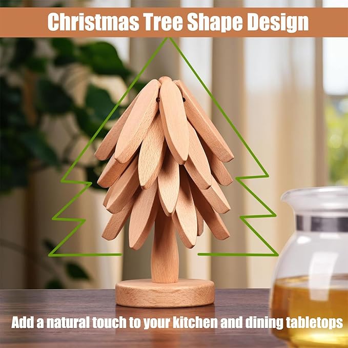 Wooden Trivets for Hot Dishes Tree Shape Trivet Set Foldable Kitchen Wooden Trivets Tree Coaster for Hot Dishes、Pot、Bowl、teapot、hot Pot Holders (4 Piece-Original Wood)