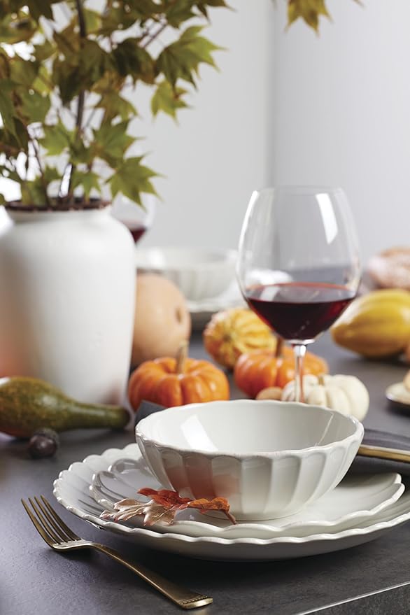 Lenox Stoneware Dinnerware Sets French Perle Scallop 12-Piece Dinnerware Set for 4 Service For 4 Dishwasher Safe Dishware White Dishes Set Stoneware Dinner Plates and Bowls Sets (White 12 Piece)