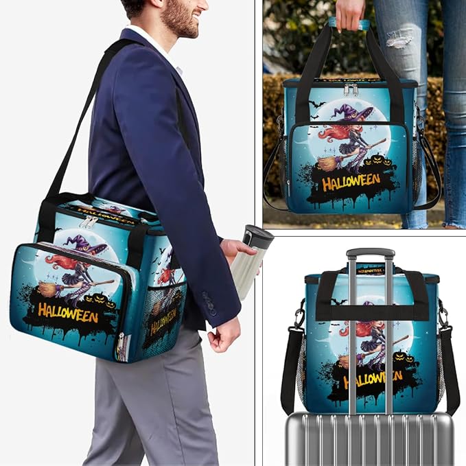 Halloween Witch Broom Moon Coffee Maker Carring Bag Travel Carrying Storage Tote Bag Compatible with Keurig K-Mini or K-Mini Plus Portable Single Serve Coffee Brewer Case with Pockets for K-cup Pods