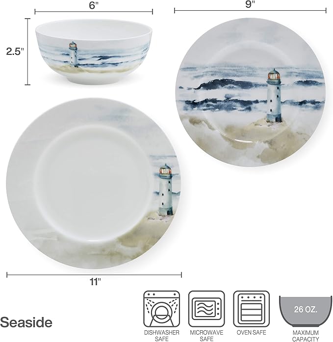 Mikasa Seaside Coastal Bone China Lightweight Chip Resistant 12 Piece Dinnerware Set Service for 4