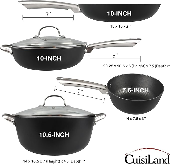 Cuisiland 4-Piece Honeycomb Cast Iron Cookware Set – 2.5QT/7.5'' Milk Pot 10 Frying Pan 10 Shallow Braising Pan &amp 5.5QT/10.5'' Casserole Pot Non-Stick Oven Safe Classic Heat Retention