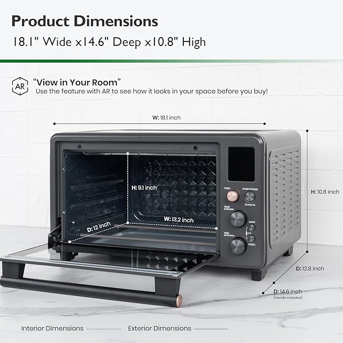 VAL CUCINA Infrared Heating Air Fryer Toaster Oven Combo Non-toxic Enamel-coated Interior 26.3 QT Countertop Convection Oven 10-in-1 Combo 6-Slice Toast 12-inch Pizza with Enamel Baking Pan