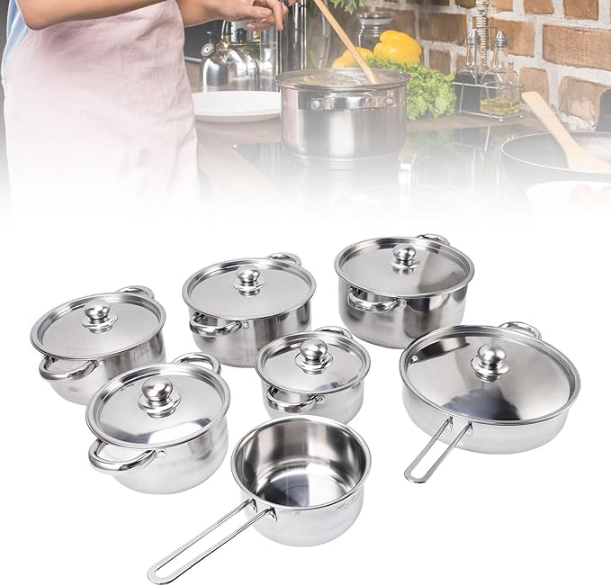 Stainless Steel Cookware Set 6 Pcs Pots and Pans Set Frying Pans Saucepans Saute Paning Stock Pot Compatible with All Cooktops Double Ear Soup Milk Frying with Handle