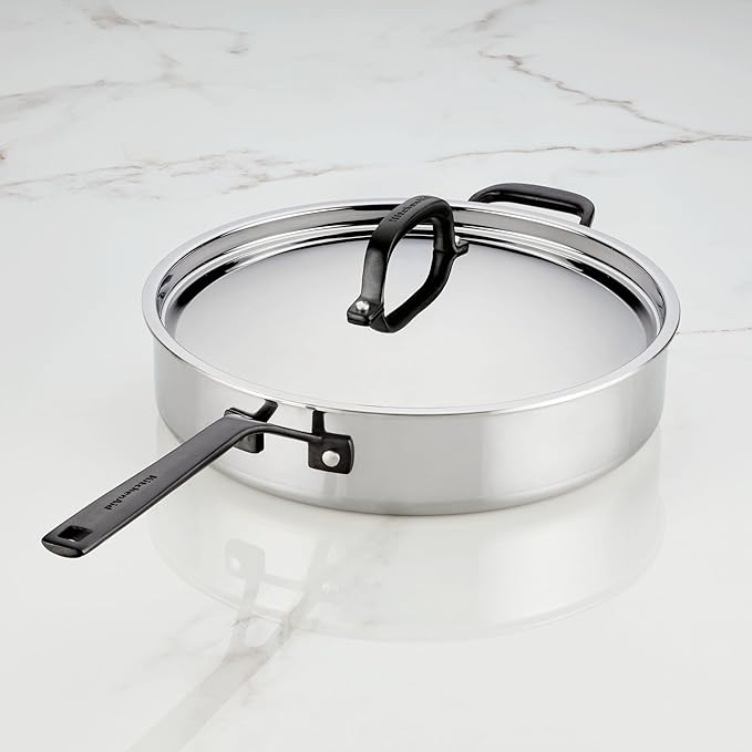KitchenAid 5-Ply Clad Stainless Steel Stainless Steel Induction Saute Pan with Lid 5 Quart - Polished Stainless Steel