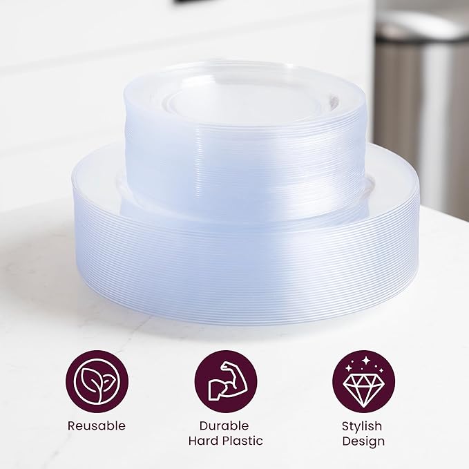 Aya's Cutlery Kingdom 100 Clear Plastic Plates for Party - Heavy Duty Disposable Set of 50 Dinner and 50 Dessert Plates - Elegant Plastic Disposable Plate for Weddings Parties and Special Events