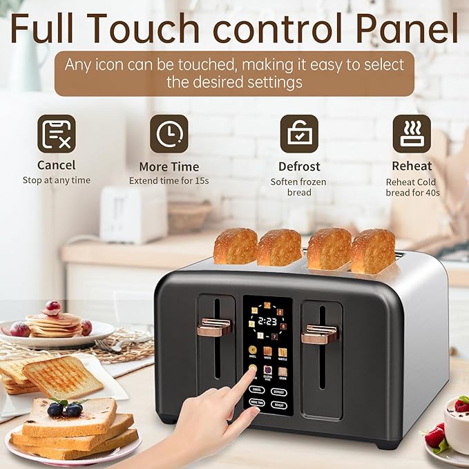 SEEDEEM Toaster 4 Slice Stainless Toaster &amp Touch Control LCD Display 6 Bread Type 7 Shade Settings 1.5'' Wide Slots Cancel/Defrost/Reheat Removable Crumb Tray 1800W Dark Metallic
