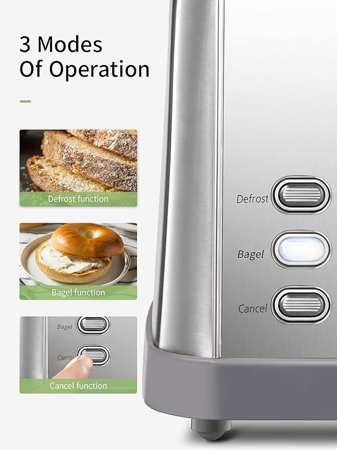 Yabano Retro Bagel Toaster - 2 Slice 2 Extra Wide Slots 7 Shade Settings Defrost/Bagel/Cancel Removable Crumb Tray Stainless Steel Silver