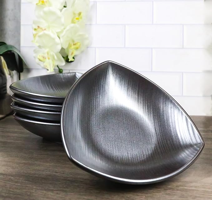 Ebros Gift Iron Black Clay Underglaze Technique Tetsu Kesho Porcelain Dinnerware Kitchen Set Asian Japanese Restaurant Supply (Pack of 5 Appetizer Salad Triangular Deep Serving Plates)