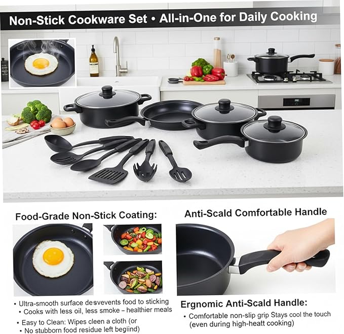 Non Stick Pots and Pans Sets 13-Piece Cookware Set with Frying Pans Saucepan Lid Spoon Spatula and More