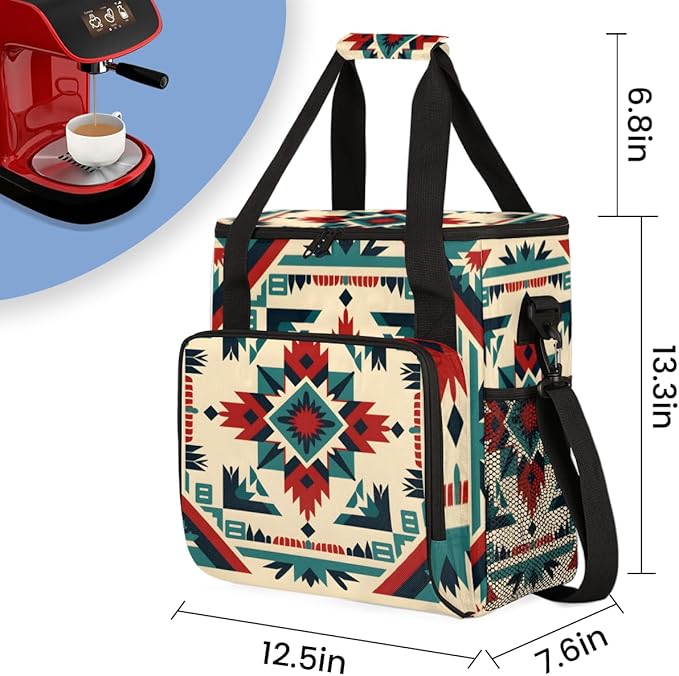 Geometry Flower Coffee Maker Carrying Bag Retro Aztec Travel Storage Bag Compatible with K-Mini or K-Mini Plus Single Serve Coffee Brewer Carrying Case with Multiple Pockets &amp Shoulder Strap