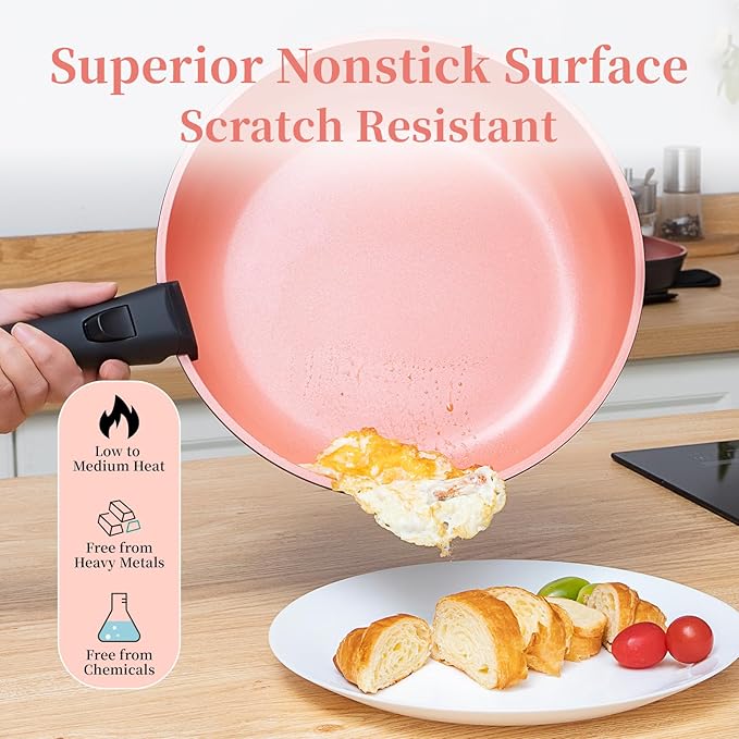 ROYDX Nonstick Pots and Pans Set Titanium Ceramics Cookware Set Pots and Pans with Removable Handles for RV Kitchen Oven &amp Dishwasher Safe Induction Compatible PFOA FreeSoft Peach