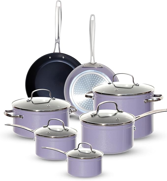 Nuwave Healthy G11-Pots and Pans Set Non Stick 9H Near-Diamond Hardness Scratch-Resistant Works on All Stovetops PFAS Free with Frying Pans Saucepans &amp Glass Lids Stay-Cool Handles Lilac