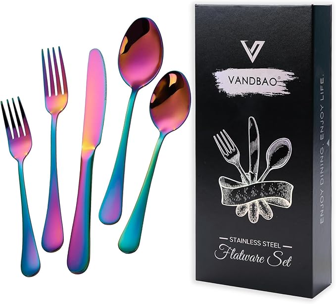 VANDBAO Rainbow Flatware Cutlery Silverware Set 20 Pieces Stainless Steel Colorful Utensils Tableware Set Service for 4 Include Knife/Fork/Spoon Reusable Mirror Polished Dishwasher Safe