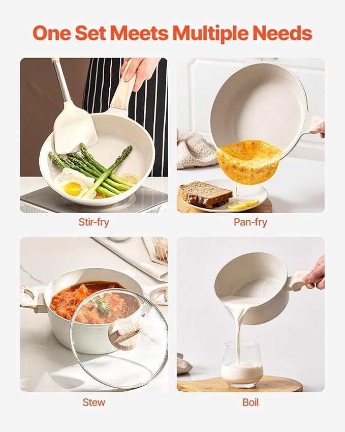 17 Piece Pots and Pans Set Granite Nonstick Kitchen Cookware Induction White