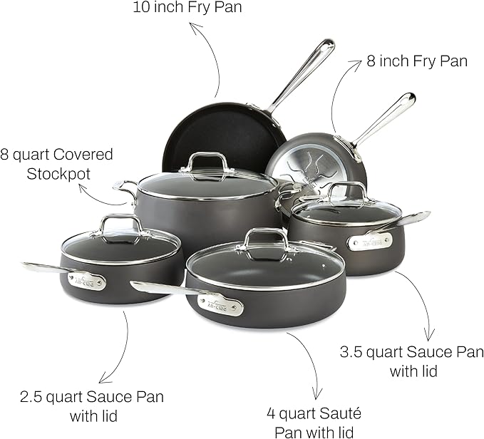 All-Clad HA1 Hard Anodized Nonstick Cookware Set 10 Piece Induction Oven Broiler Safe 500F Lid Safe 350F Pots and Pans Black