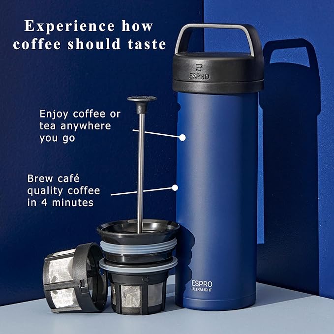 ESPRO P0 Ultralight French Press Coffee Maker for Travel Vacuum Insulated Stainless Steel 16 Ounces Aegean Blue