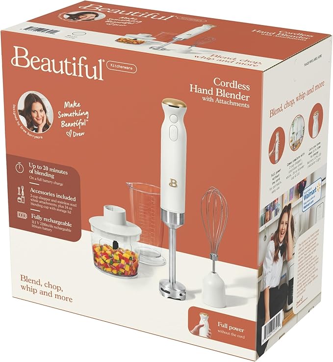Cordless Immersion Blender 5-in-1 Set | Rechargeable Hand Blender with Chopper Whisk &amp Measuring Cup | 6 Variable Speeds | Stainless Steel Blades | BPA-Free | Stick Blender