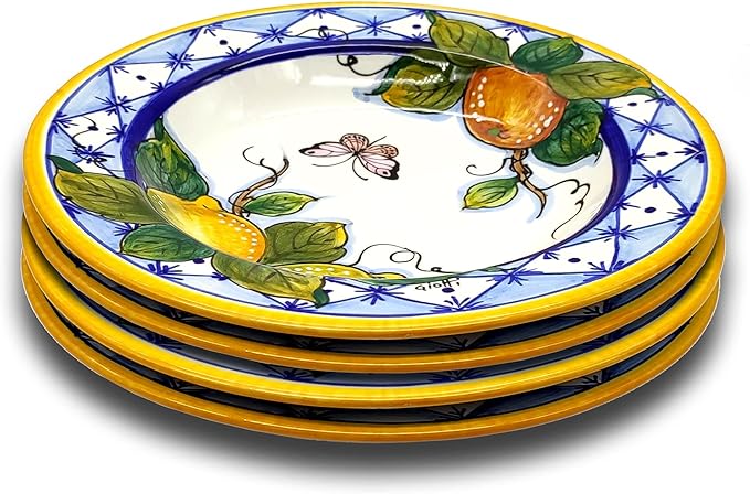 Italian Ceramic dinnerware set - Hand Painted kitchen Pasta Bowls sets for 4 - Made in ITALY Tuscany - Italian Pottery dinner plates - Home Decor Lemon Ischia Ceramics dishes set - Service For 4