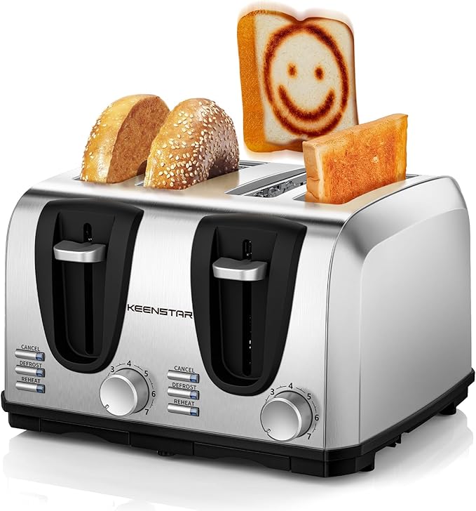 Toaster 4 Slice Keenstar Extra-Wide Slot Toaster with Dual Control Panels of Bagel/Defrost/Cancel Function 7 Toasting Bread Shade Settings Removable Crumb Trays Auto Pop-Up Stainless Steel