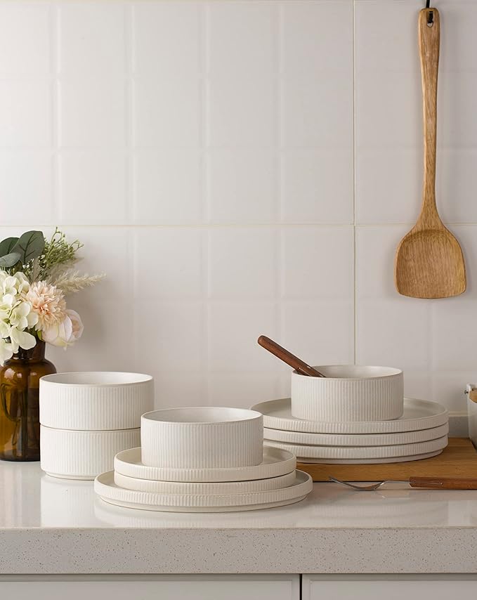 Famiware Dinnerware Set for 4 (12 Piece) and 4oz Dipping Bowl Set (6 Piece) - Star Stoneware Dishes - Matte White