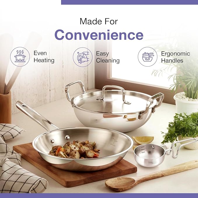 Stainless Steel Cookware Set 4 Pieces 22cm Kadai with Lid 22cm Frypan 10cm Tadka Pan Induction and Gas Stove Compatible