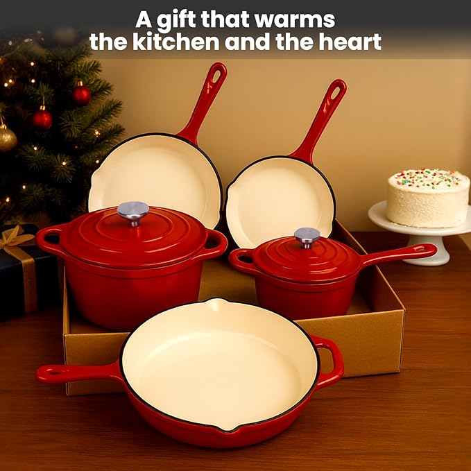 QuliMetal Nonstick Enameled Cast Iron Cookware Set 5 Pcs Pots and Pans with Lid Skillet Frying Pan Saucepan &amp Dutch Oven for All Stovetops PFA Free - Ideal for Sourdough Bread Baking
