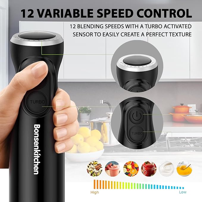Bonsenkitchen Immersion Blender 12-Speed &amp Turbo Electric Stick Blender with Sharp Blades Egg Whisk 24oz Beaker Perfect for Soups Smoothies Sauces Easy Clean Versatile