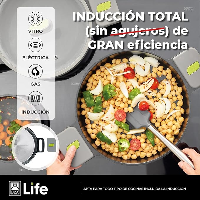 BRA LIFE – 9 Pieces of Cast Aluminium 100% Recycled Non-Stick Reinforced Ceramic without PFOA without PTFE Suitable for All Types of Cookers and Induction