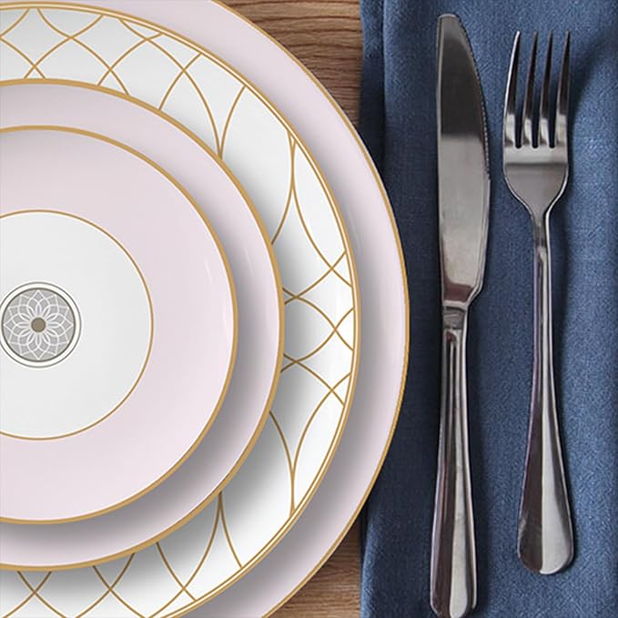 gold trim dinnerware set service for 6 24 pieces pink and white ceramic plate set luxury bone china dishes sets for wedding anniversary fine dining present