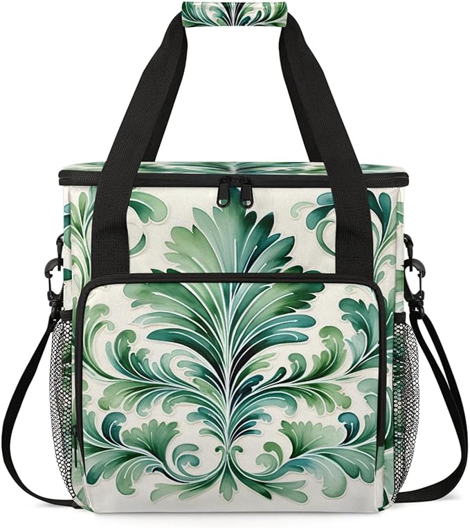 Green Floral Print Coffee Maker Travel Bag for Keurig K-Mini/K-Mini Plus Insulated Waterproof Tote with Pockets for K-Cup Portable Single-Serve Brewer Case