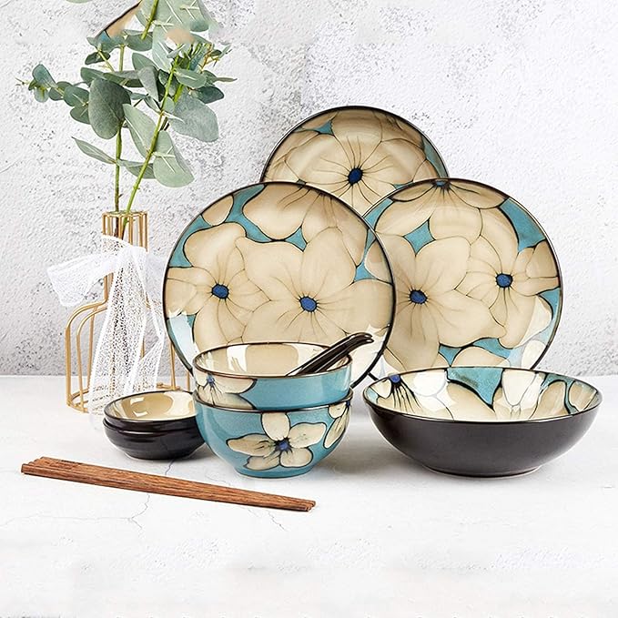 Porcelain Dinnerware SetHand-Painted Dinnerware Set Blue Rice Bowl Soup Bowl Dinner Plate Fish Plate Combination Ceramic Household Service for 2 Tableware Gift
