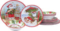 12 Piece Dinnerware Set Service for 4 Green Multi Color Red Holiday Casual Round Ceramic Dishwasher Safe