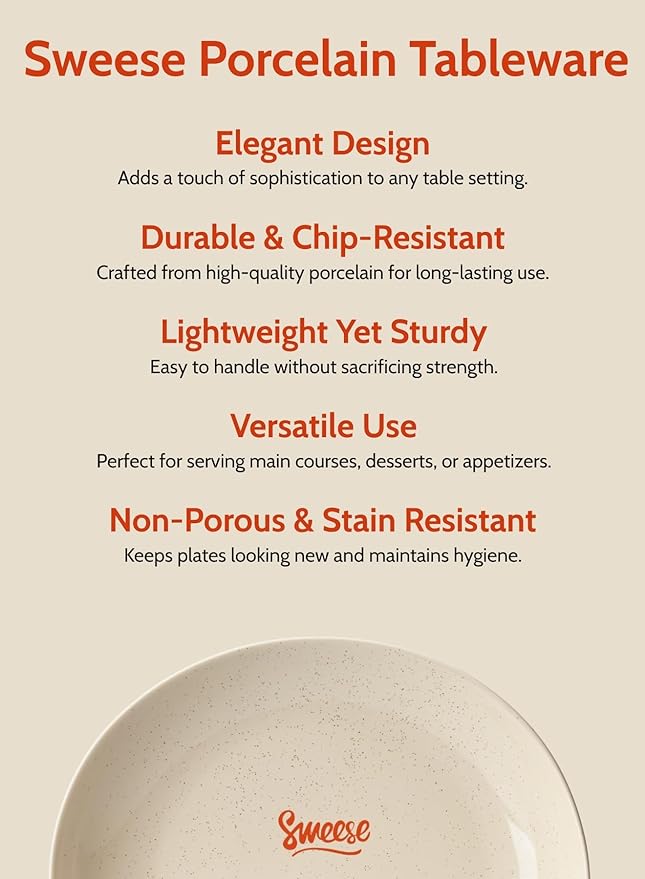 Sweese 11 Inch Porcelain Dinner Plates Set of 6 - Beige Vitrified China Curve Collection Dishwasher Microwave Safe