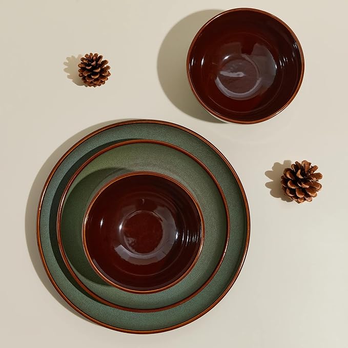 Stoneware Dinnerware Sets 12-Piece Ceramic Plates and Bowls Sets for 4 Sage Green Microwave and Dishwasher Safe 10 Inch Dinner Plates 8.2 Inch Salad Plates 5.4 Inch Bowls