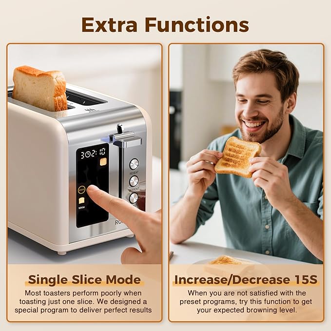 2 Slice Easy Touch Screen Toaster Stainless Steel Toaster with Wide Slots Even Toasting for Bagels &amp Bread Reheat &amp Defrost Removable Crumb Tray Cream Color