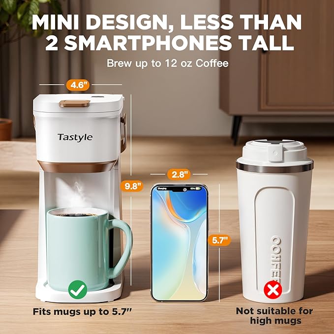 Single Serve One Cup Coffee Maker for K Cups and Grounds Mini Coffee Maker with Portable Handle 6 to 12 Oz Brew Size for Travel Camping Office RV and Dorm 120V White and Brown