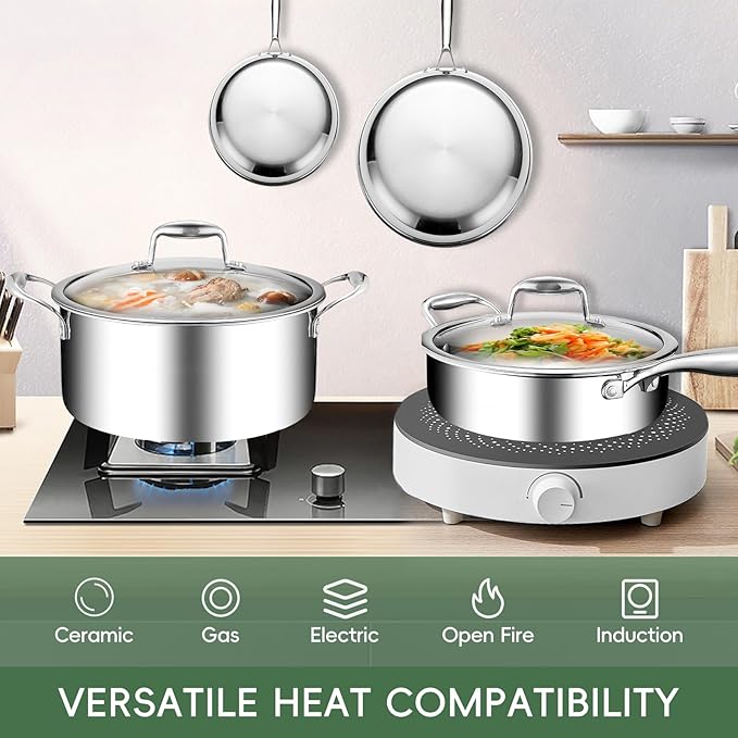 11-Piece Pots and Pans Set 18/10 Stainless Steel Cookware Set Induction Compatible PFOA-Free Coating Dishwasher Safe Includes Frying Pan &amp Sauce Pan with Lids