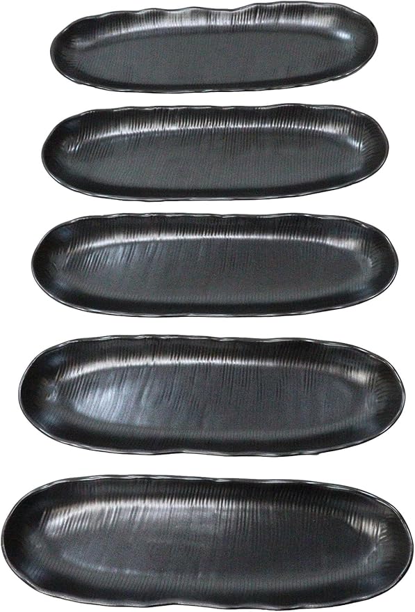 Ebros Gift Iron Black Clay Underglaze Technique Tetsu Kesho Porcelain Dinnerware Kitchen Set Asian Japanese Restaurant Supply (Pack Of 3 Wavy Oblong Long Serving Platter 13.25 L)