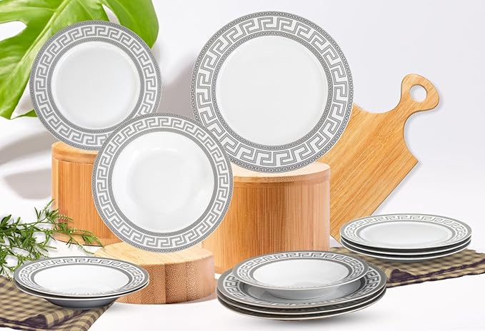Porcelain 12 Piece Dinnerware Set - Service for 4 - Gorgeous Silver Greek Key Inspired Design - Includes Kitchen Plates Ceramic Dishes Set for 4 (Meander Silver)