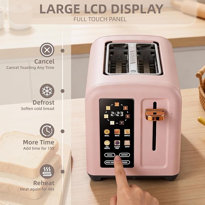 2-Slice Toaster with Touch Screen 7 Shade Settings Extra Wide Slots 6 Bread Function Stainless Steel with High Lift Lever Removable Crumb Tray 1350W (Pink)