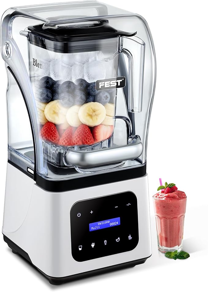 Commercial Blender 2200W Heavy Duty Countertop Blender Quiet Shield Sound Enclosure 6-Blade System DIY Timer &amp 9-Speed 5 Preset ProgramsSmoothies Juices Shakes &amp Frozen Drinks 60oz Pit