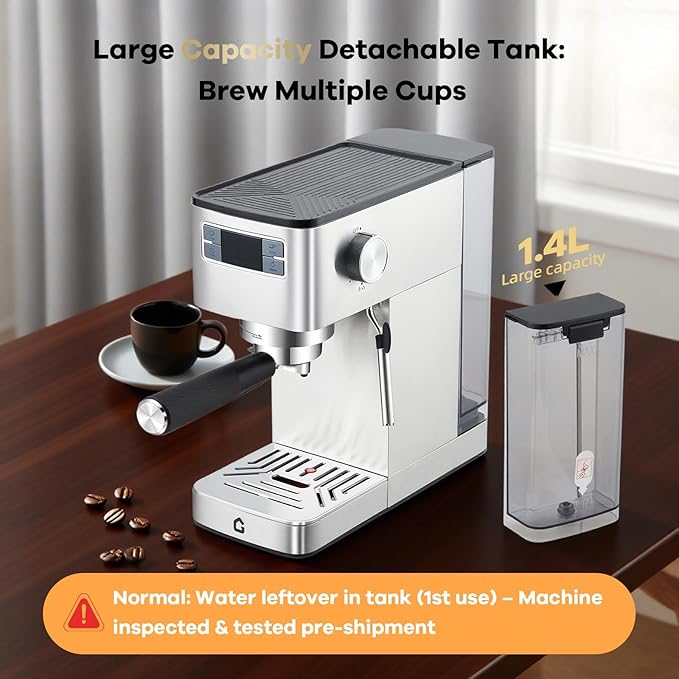 20 Bar Professional Espresso Machine with Steam Milk Frother Stainless Steel Home Coffee Maker Compact for Kitchen Counter with Removable Water Tank Silver