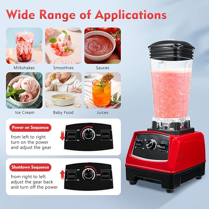 Commercial Blender for Kitchen 2800W Electric Professional Countertop Blender Milkshake Mixer Mixed Drink Smoothie Maker for Home Restaurant Speed Control 2L/0.5Gal Cup Red