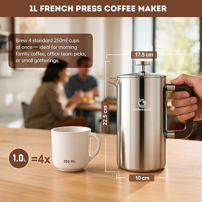 1L/34 Oz French Press Coffee Maker304 Stainless Steel Coffee PressDurable &amp Easy CleanLeak-Proof DesignPrensa Francesa Para Cafe for HomeOfficeCamping (Silver-Upgrade)