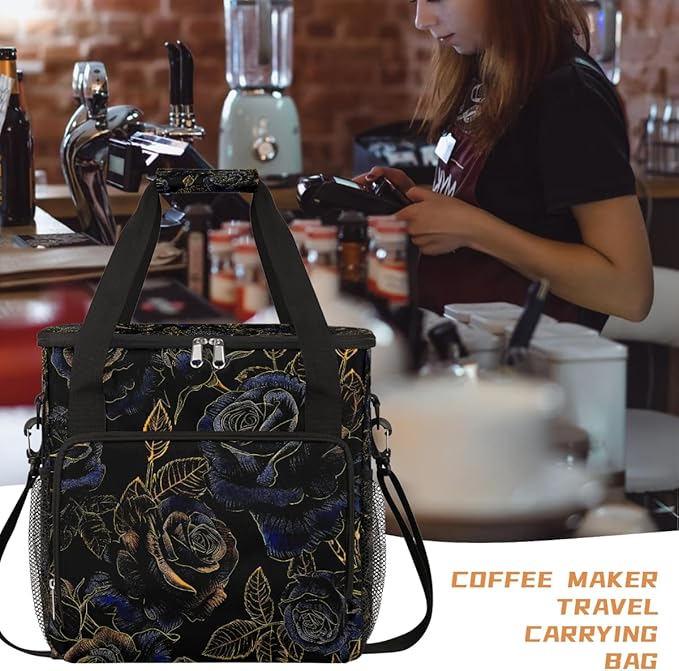 Rose Golden Blue Coffee Maker Carring Bag Travel Carrying Storage Tote Bag Compatible with Keurig K-Mini or K-Mini Plus Portable Single Serve Coffee Brewer Case with Pockets for K-cup Pods