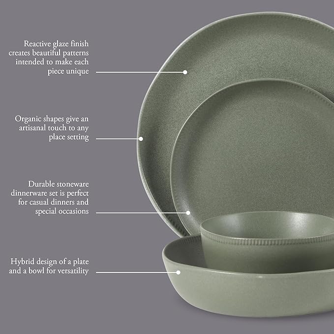 Gibson Elite Menlo Park 16-Piece Pottery Clay Stoneware Dinnerware Set – Green Reactive Glaze Organic Shape Embossed Plates and Bowls W/Pasta Bowl Service for 4 – Microwave &amp Dishwasher Safe